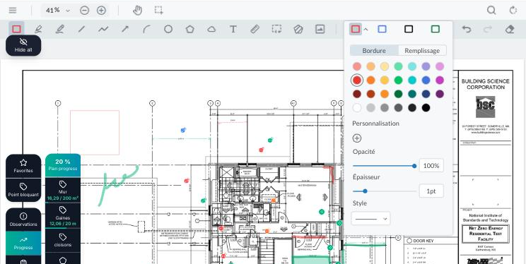 Style panel of an annotation: Stroke and Fill tabs, colour palette, opacity, thickness and style.