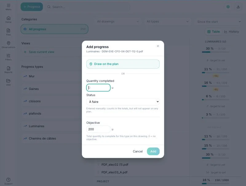 Add progress window with the quantity completed 20 and the status Completed