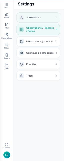 Settings page with the Observations / Progress / Forms block