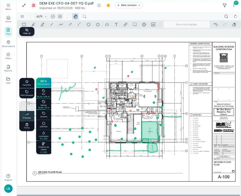 Plan viewer with the Progress panel open and the Cable trays type available