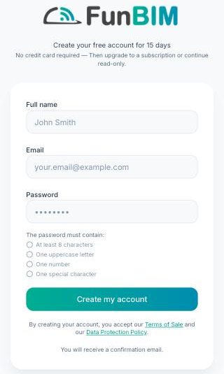 FunBIM account creation form