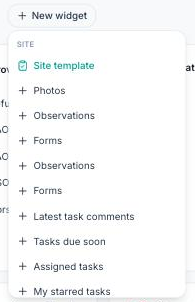 Drop-down list of the available widgets, grouped by the Site and Summary themes