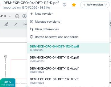 New revision menu of a plan with Manage revisions, View differences and the list of revisions