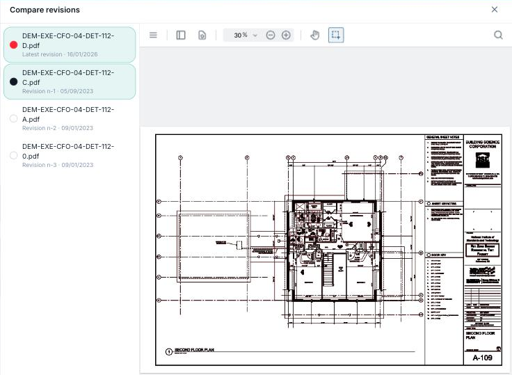 Compare revisions window: list of revisions on the left, overlaid plan on the right