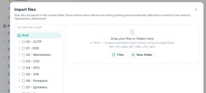 Import files window with the drop area and the destination folder