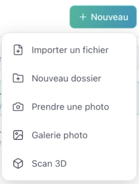 New menu with the options Import a file, New folder, Take a photo, Photo gallery and Scan 3D