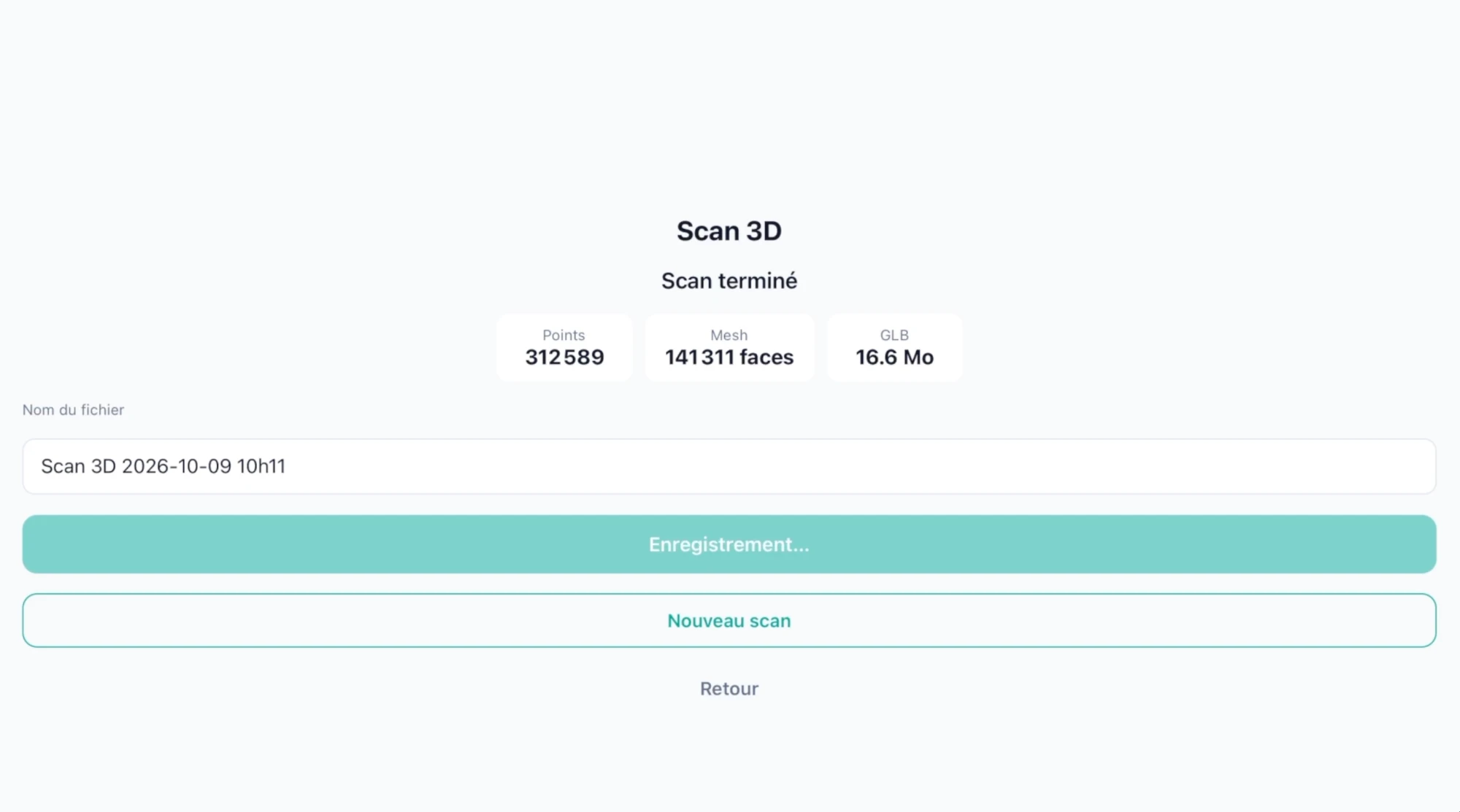 Scan complete screen with the file name, the number of points, the mesh and the size of the GLB file