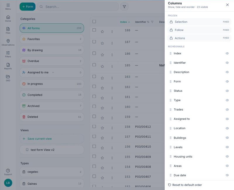 Configure columns window with the Form fields section