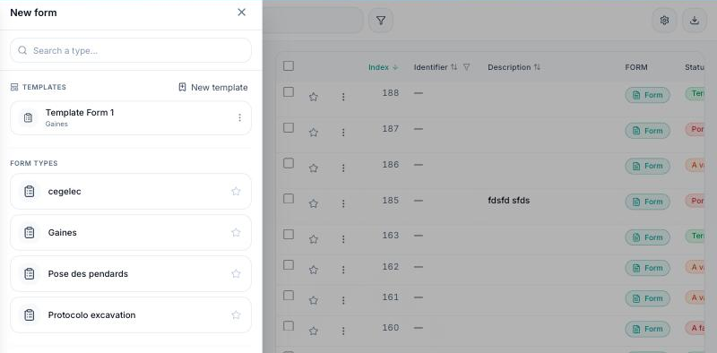 List of forms with the Form button and the choice of type