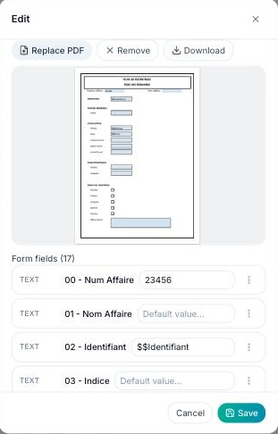 Fields of a form type with their default values and the dynamic prefill menu