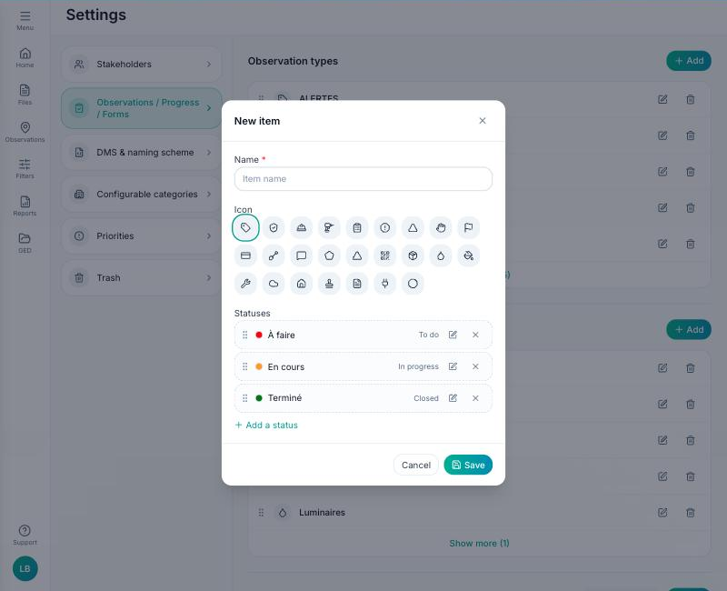 Form type creation window with the PDF form field