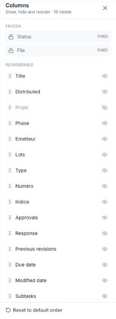 CDE Columns panel: frozen Status and File columns, reorderable columns with their visibility eye