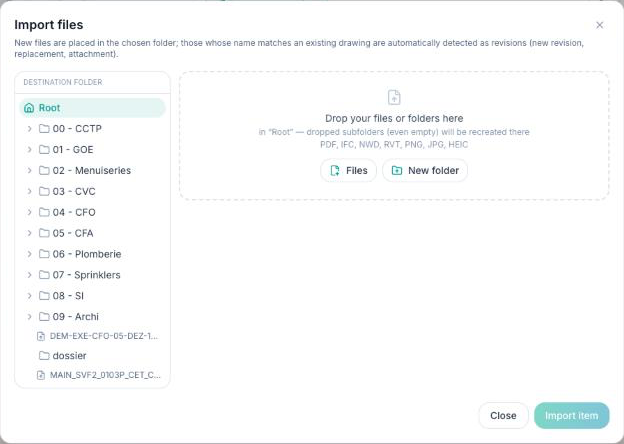 Import files window: destination folder tree on the left, drop area on the right