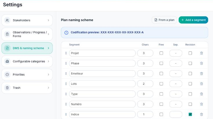 Project settings, CDE & naming scheme tab: table of naming segments with Chars, Free, Sep. and Revision