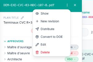 Actions menu of a plan panel: Show, New revision, Distribute, Convert to DOE, Edit, Delete