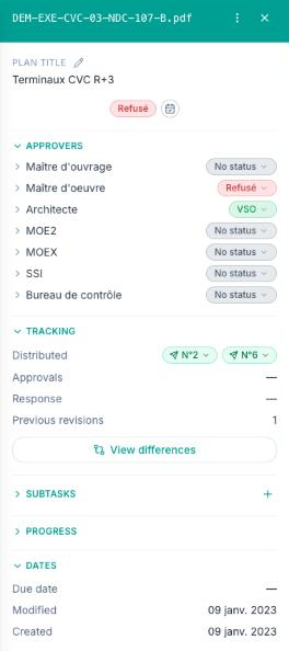 Plan panel in the CDE: status given by each approver, distribution tracking, approvals, previous revisions