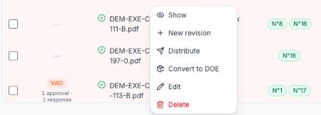 Right-click menu of a plan in the CDE: Show, New revision, Distribute, Convert to DOE, Edit, Delete