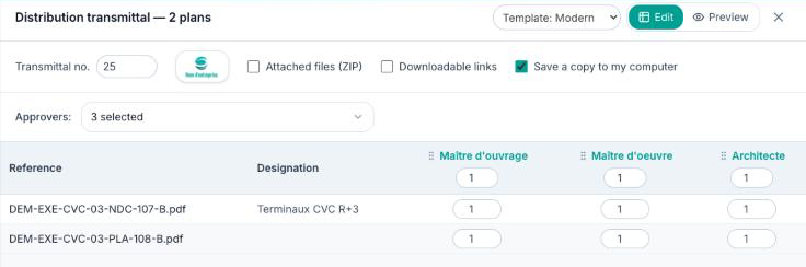 Distribution transmittal window: number, logo, attachment and link options, approvers and quantities per plan