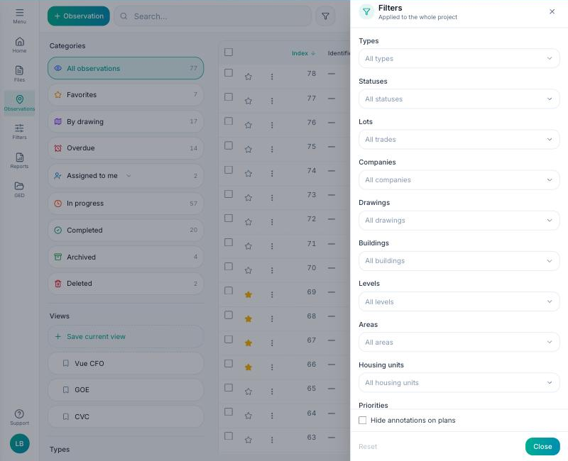 Observations list with the search field and the filters panel