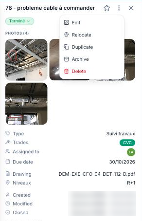 Observation record open on the plan with the Relocate button