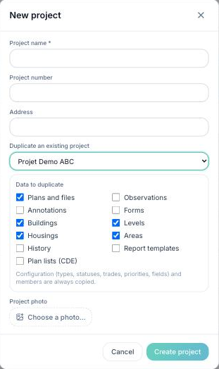 New project window with the Duplicate an existing project selector and the Data to duplicate checkboxes