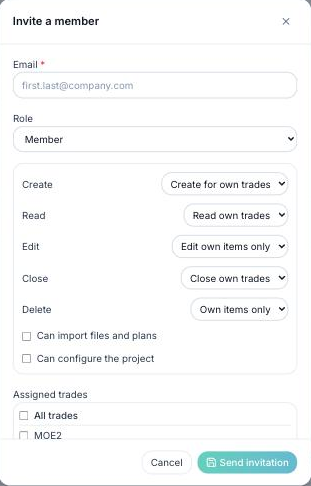 Invite a member window with the email, the role, the detailed rights and the assigned trades