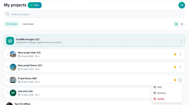 Project card with its ⋯ menu open: Edit, Archive, Delete