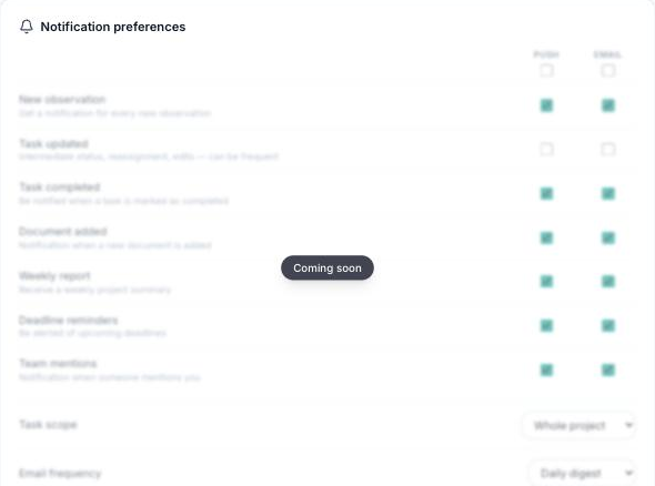 Notification preferences section of the profile: channels, frequency and scope