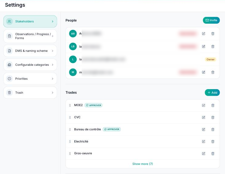 Settings page of a project with its tabs Stakeholders, Observations / Progress / Forms, CDE & naming scheme, Configurable categories, Priorities, Trash