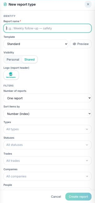 New report type panel: identity, template, visibility, logo, filters.