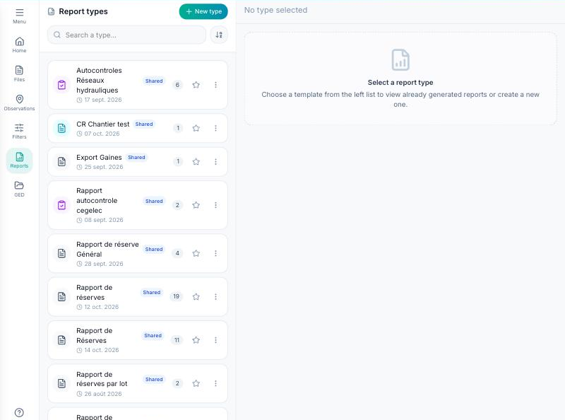 Reports page with the report type cards and the New type button.
