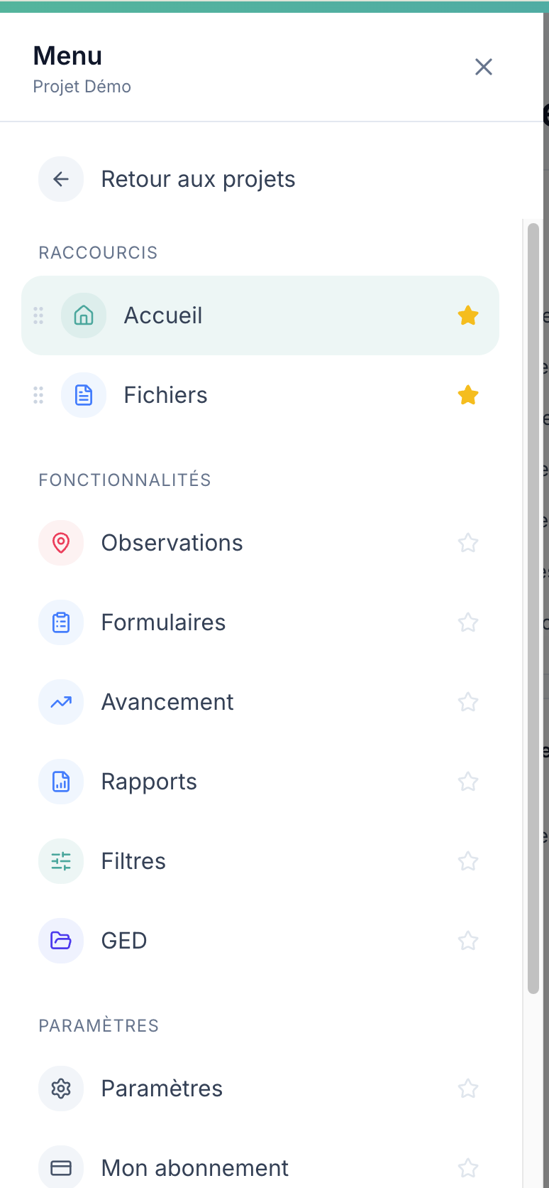 Menu ouvert avec les sections Raccourcis, Fonctionnalités et Paramètres