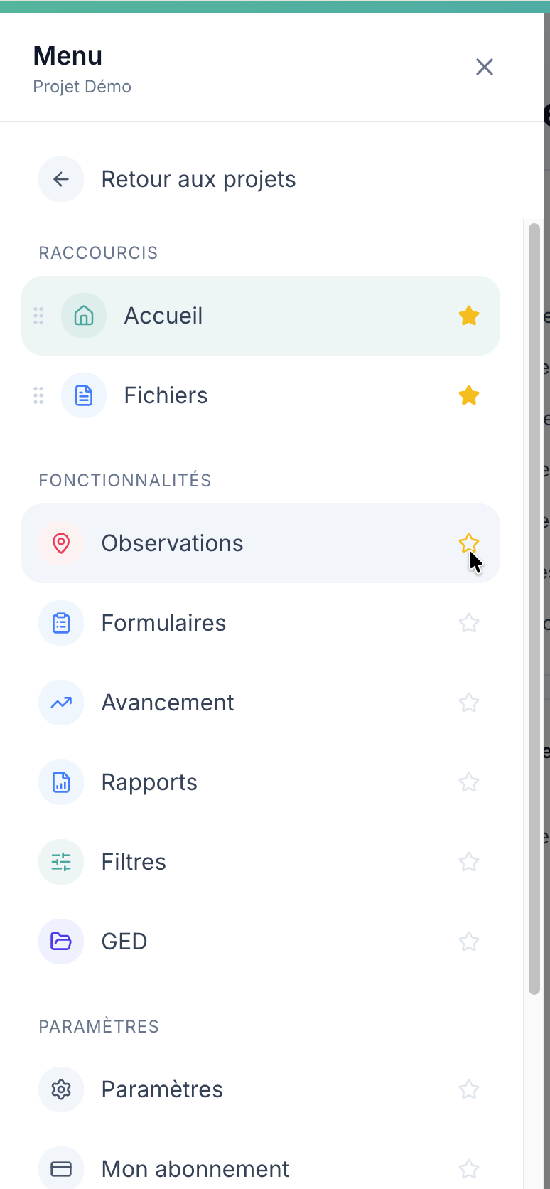 Clic sur l'étoile à droite d'Observations, dans la section Fonctionnalités