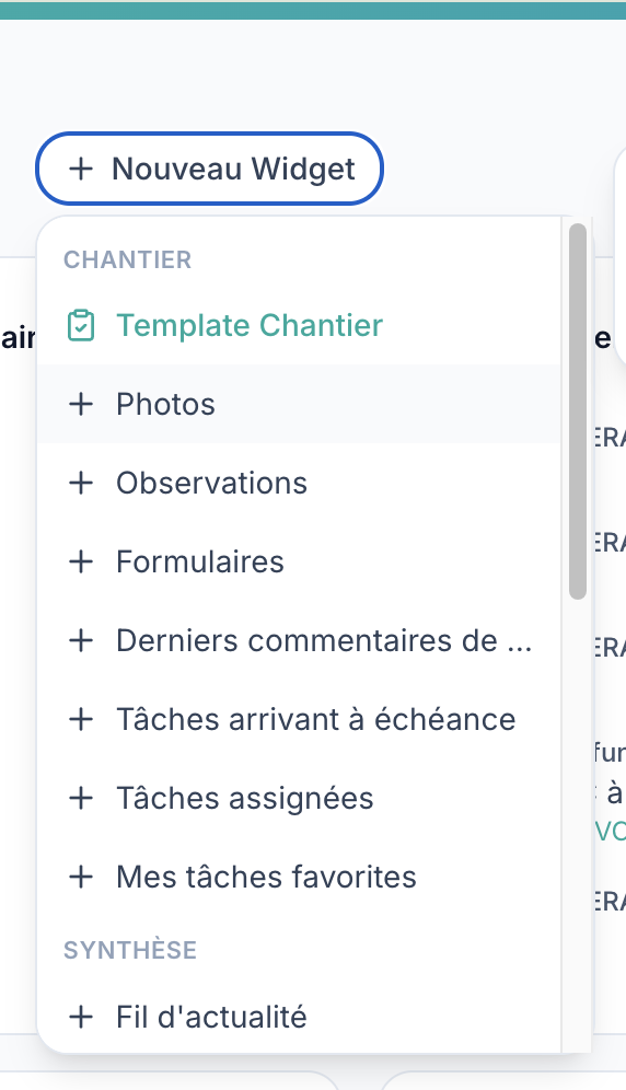 Liste déroulante des widgets disponibles, classés par thème Chantier et Synthèse