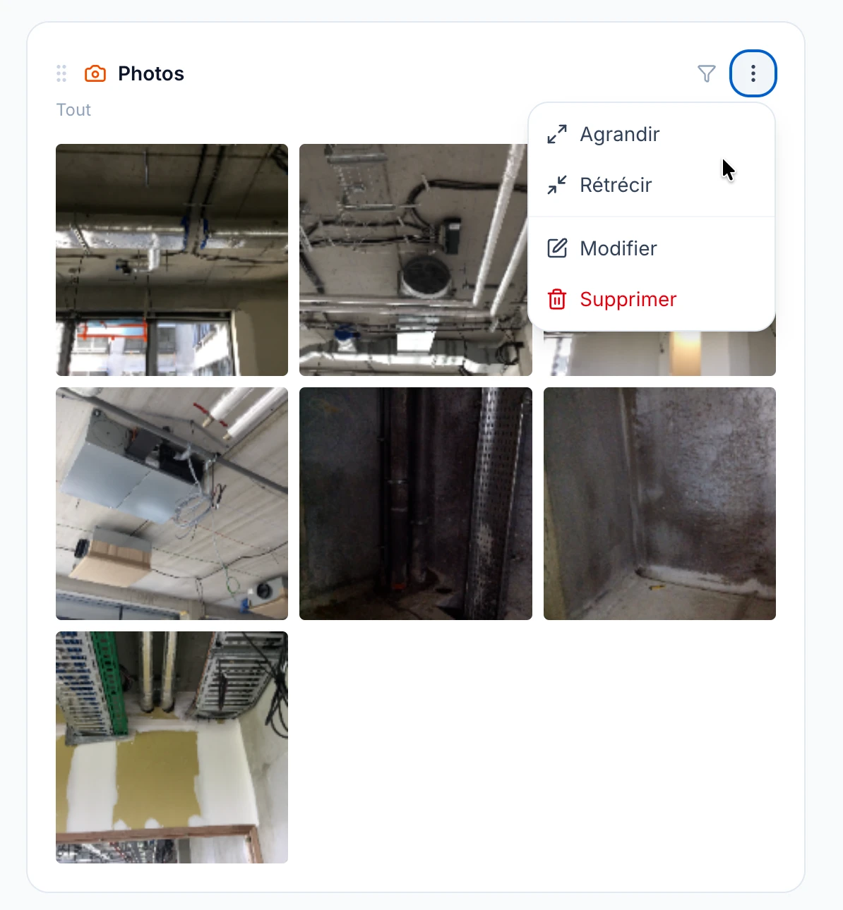 Menu du widget avec les options Agrandir, Rétrécir, Modifier, Supprimer