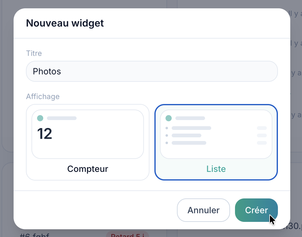 Fenêtre Nouveau widget avec le titre Photos et l'affichage Liste sélectionné