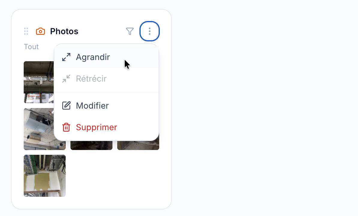 Menu du widget avec l'option Rétrécir grisée, à la taille minimale