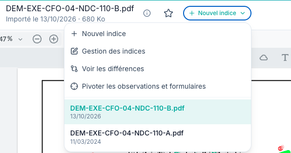 Menu Nouvel indice d'un plan avec Gestion des indices, Voir les différences et la liste des indices