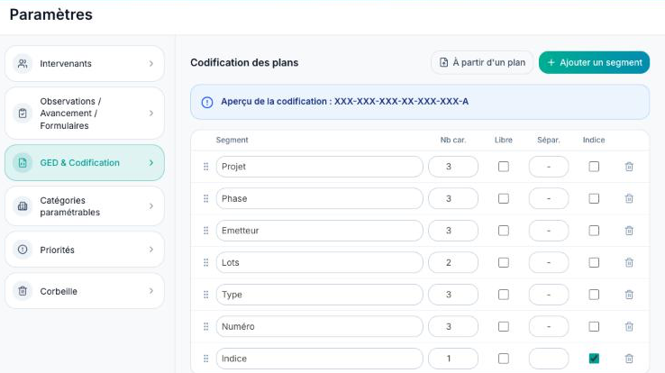 Paramètres d'un projet, onglet GED & Codification : tableau des segments de la codification avec Nb car., Libre, Séparateur et Indice