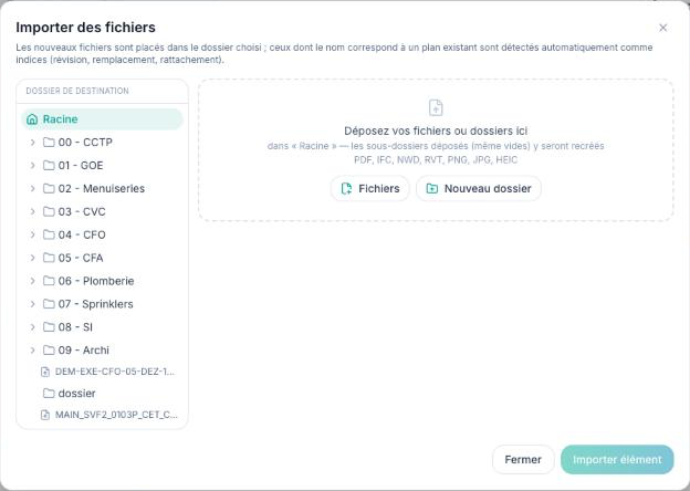 Fenêtre Importer des fichiers : arborescence des dossiers de destination à gauche, zone de dépôt à droite
