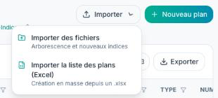 Menu Importer de la GED avec l'option Importer la liste des plans (Excel)