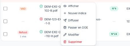 Menu clic droit d'un plan dans la GED : Afficher, Nouvel indice, Diffuser, Passer en DOE, Modifier, Supprimer