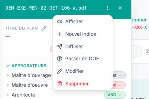 Menu Actions de la fiche d'un plan : Afficher, Nouvel indice, Diffuser, Passer en DOE, Modifier, Supprimer