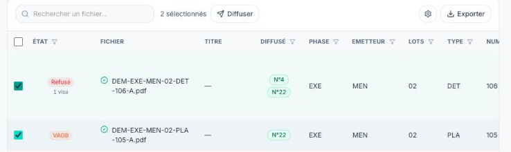 GED avec deux plans cochés et le bouton Diffuser