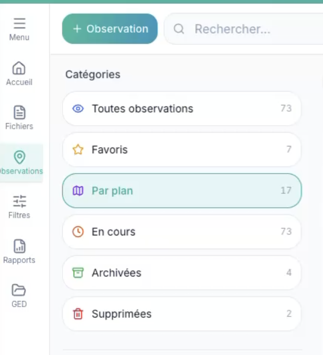 Page Observations avec la catégorie Par plan dans la liste des catégories