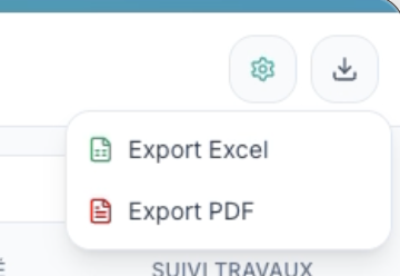 Menu d'export avec les choix Export Excel et Export PDF