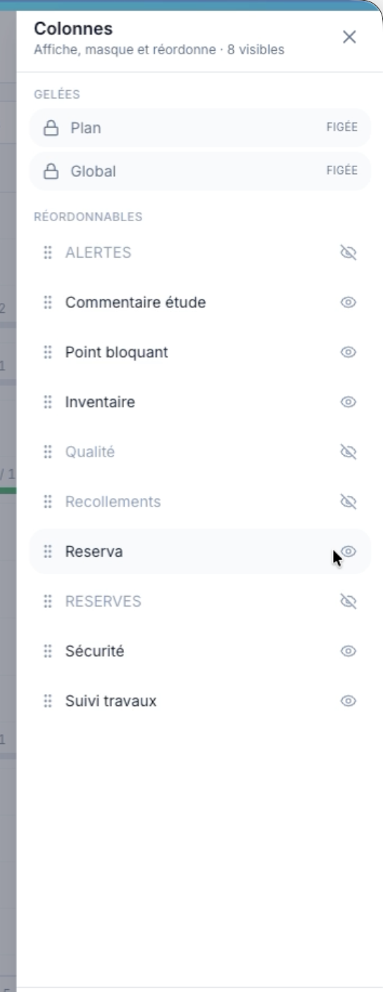 Panneau Colonnes avec la liste des colonnes à afficher, masquer et réordonner