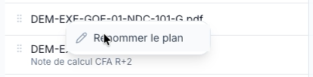 Menu du clic droit sur un plan avec l'option Renommer le plan