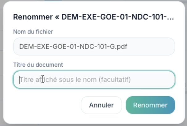 Fenêtre Renommer avec le nom du fichier et le titre du document facultatif