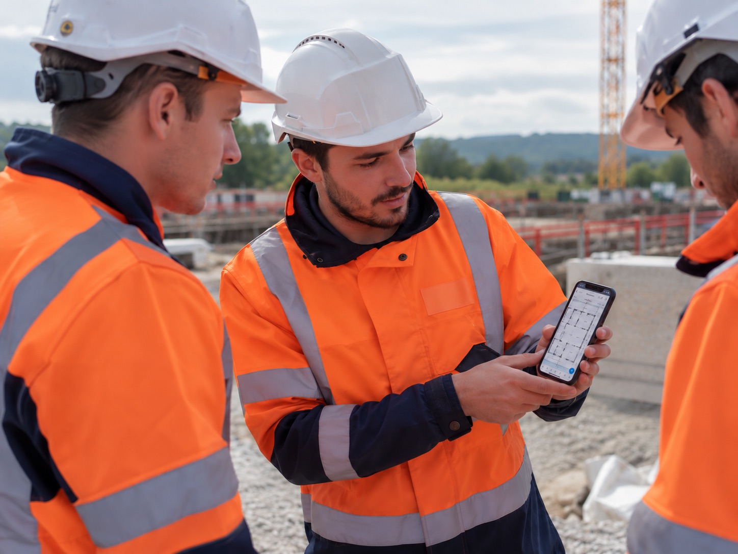 Three workers on a construction site checking the drawing in FunBIM on a smartphone